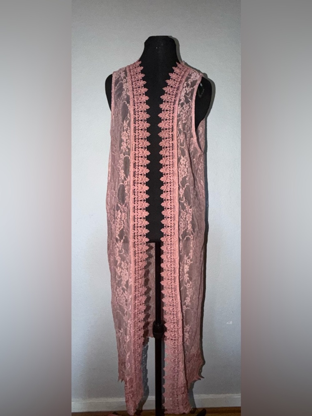 Polly Esther Sleeveless Lace Duster Pink Blush size XL Sheer Romantic Fairy Boho
